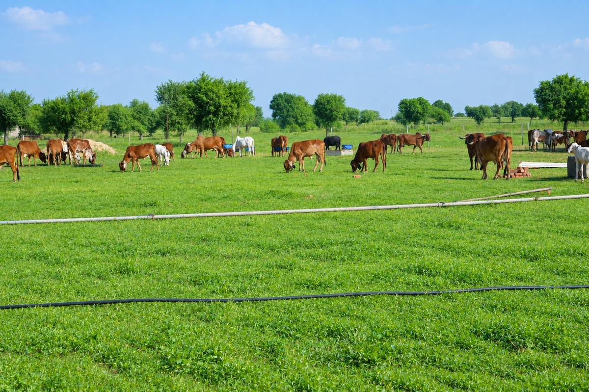 Free-grazing Gir cows, sunlit pastures